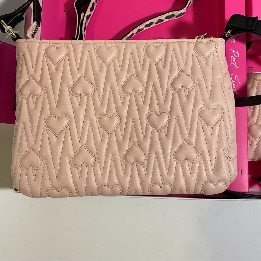 Betsey Johnson Pet Set Pale Pink Heart Crossbody Bag Waste Bag and Dog Collar